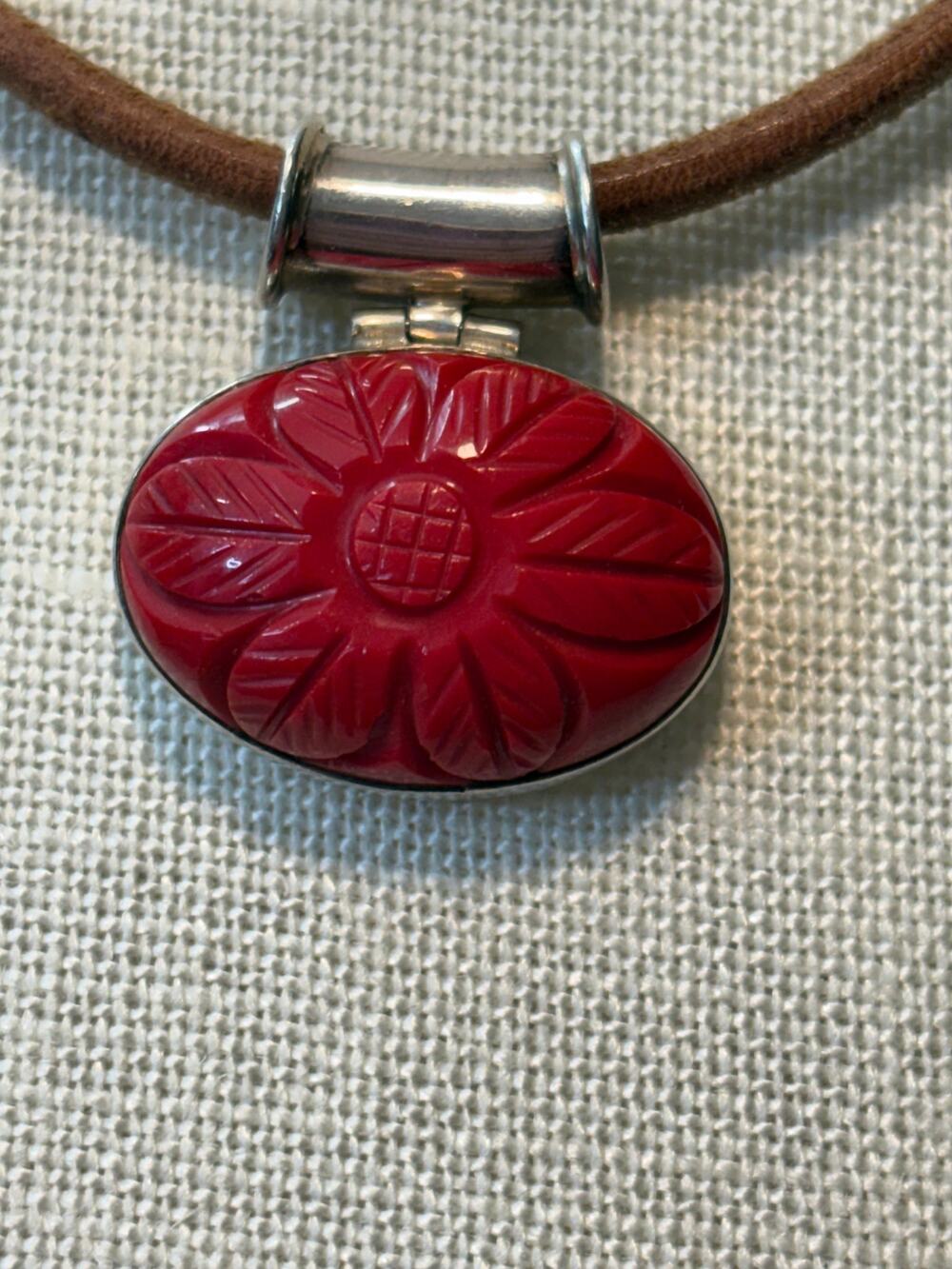 Sterling Silver Cinnabar Pendant Necklace on Leather Cord – Carved Floral Design